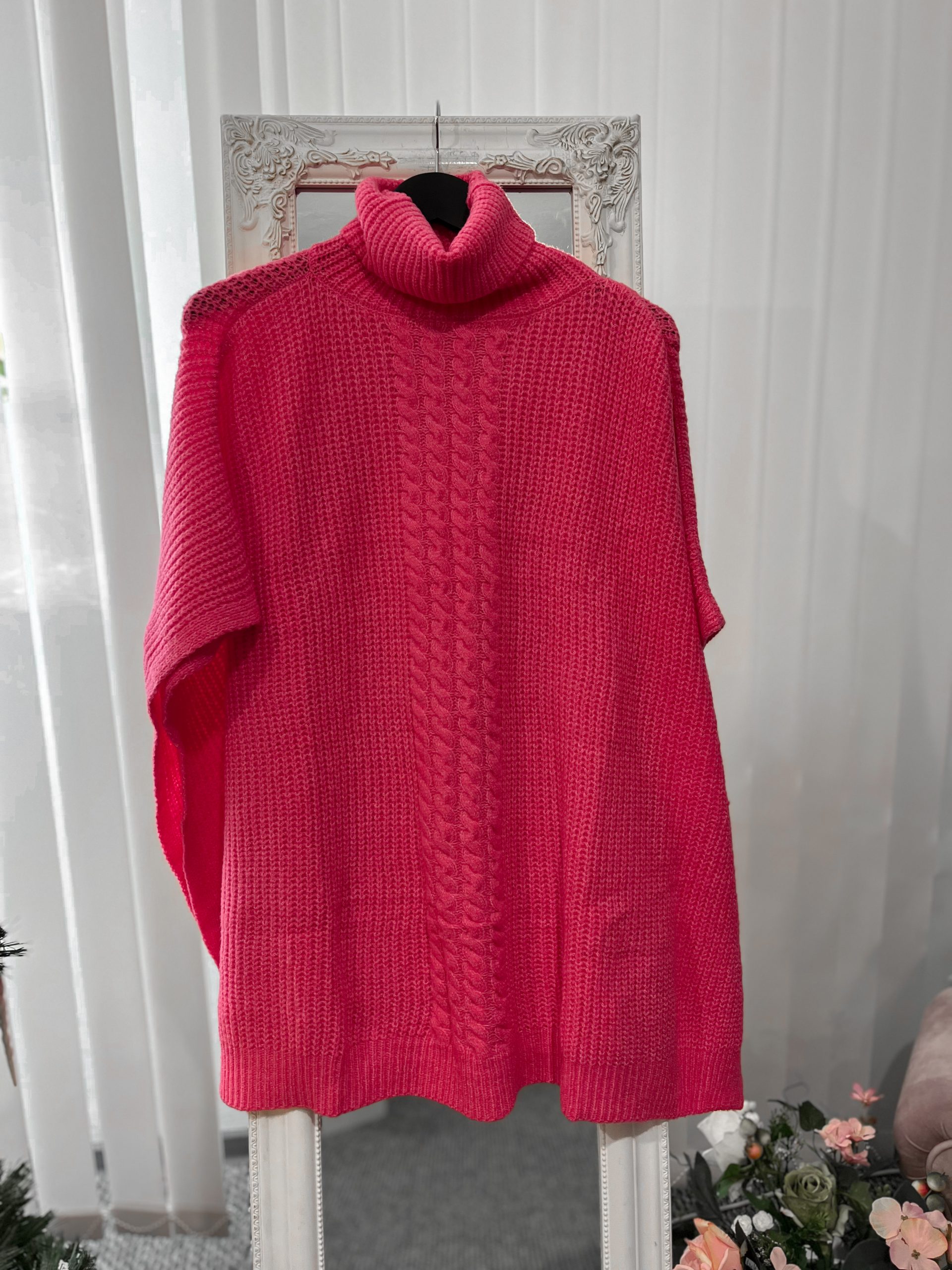 Pletené hrubé pončo LEA - FUCHSIA – Obrázok 5