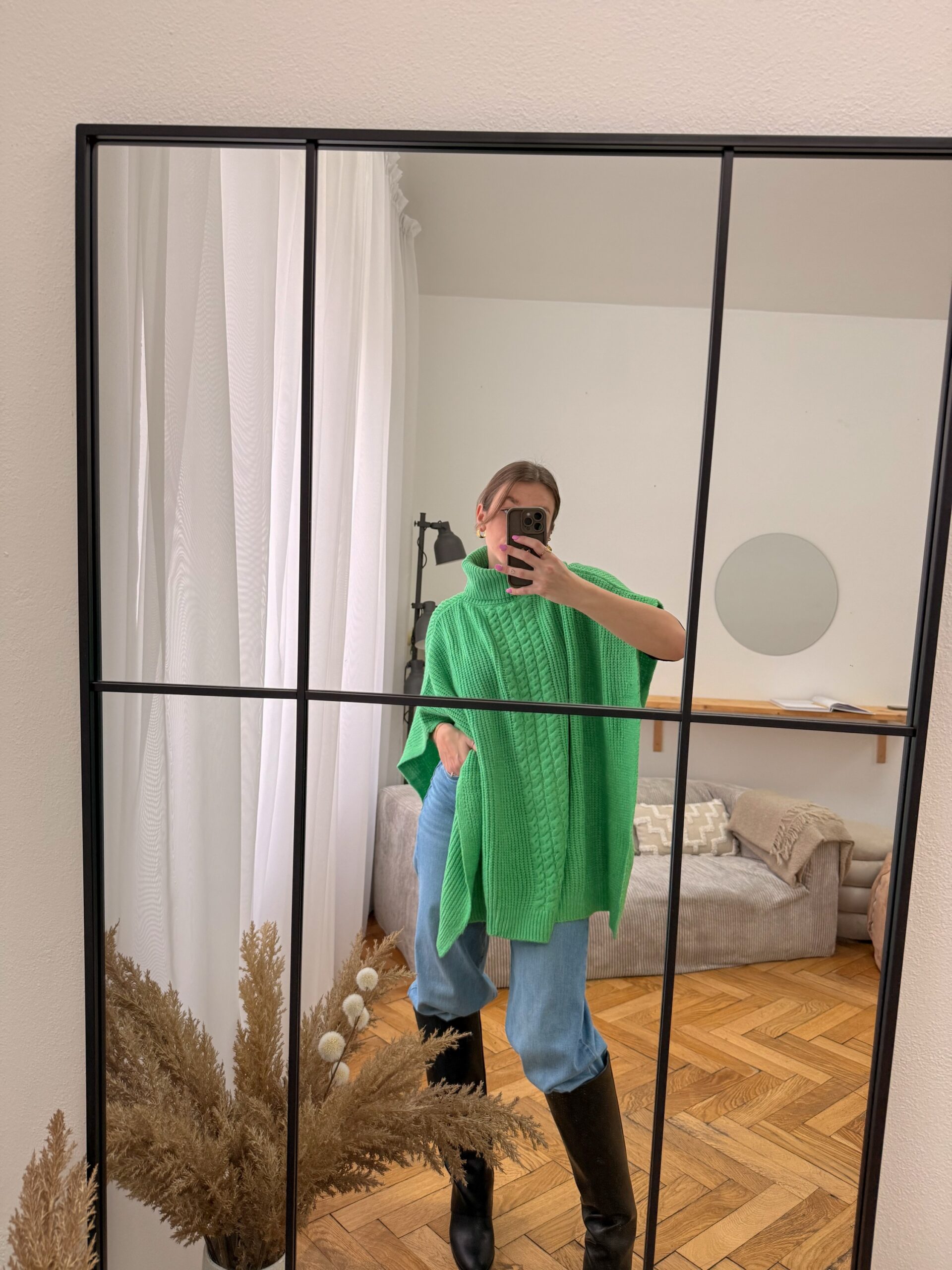 Pletené hrubé pončo LEA - GREEN – Obrázok 2